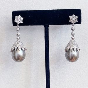 Rhodium over Sterling Faux Diamond & Black Pearl Drop Earrings Bridal Wedding
